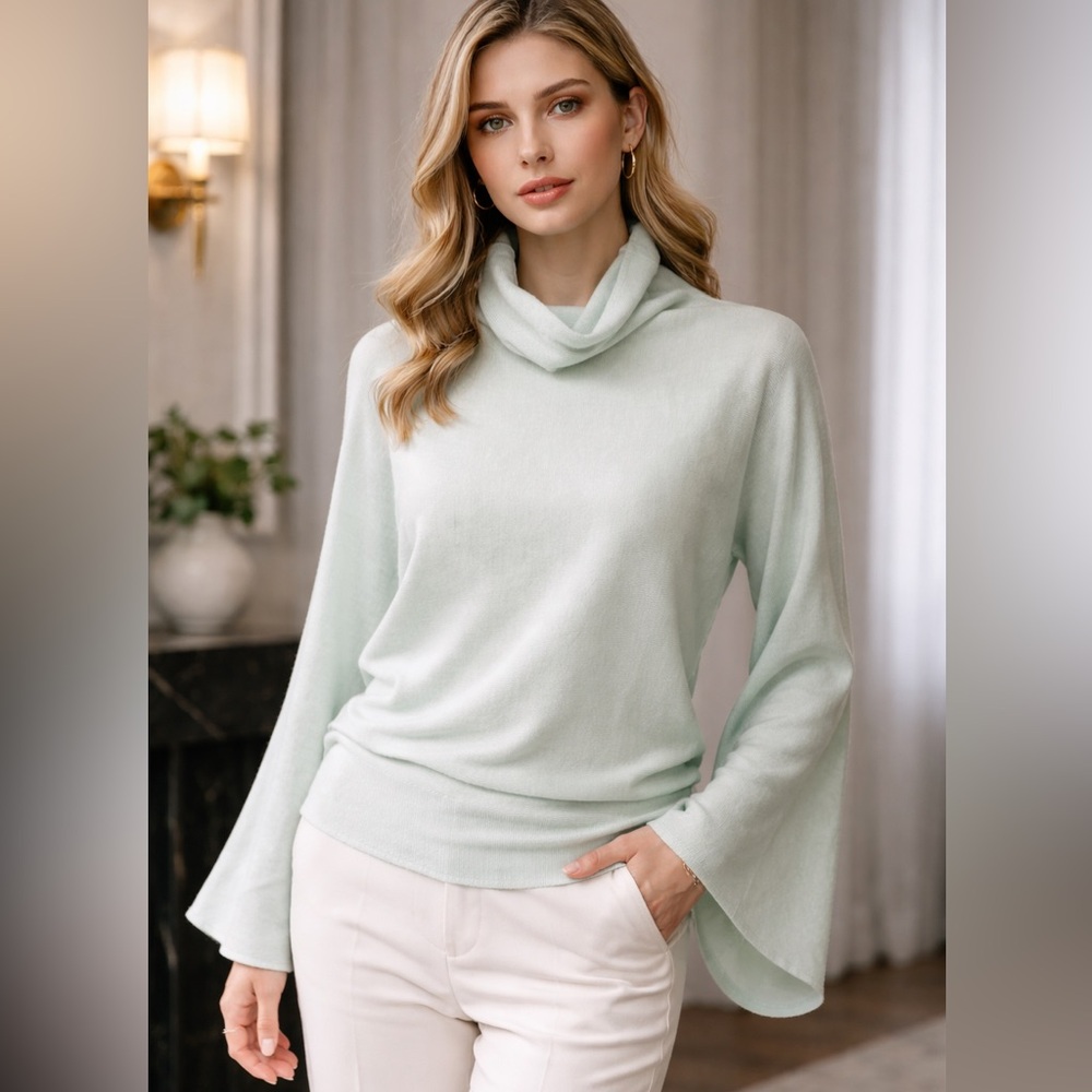 James Perse 100% Cashmere Mint Cowl Neck Bell Sleeve Sweater M